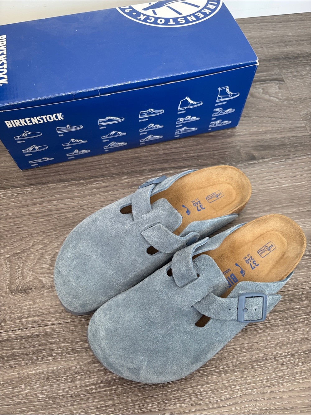 Birkenstock Light Blue Suede Boston Clog - Slip-On with Buckle